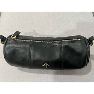 Manu Atelier Women's Black Leather Cylinder Shoulder Bag / Clutch ,golden strap